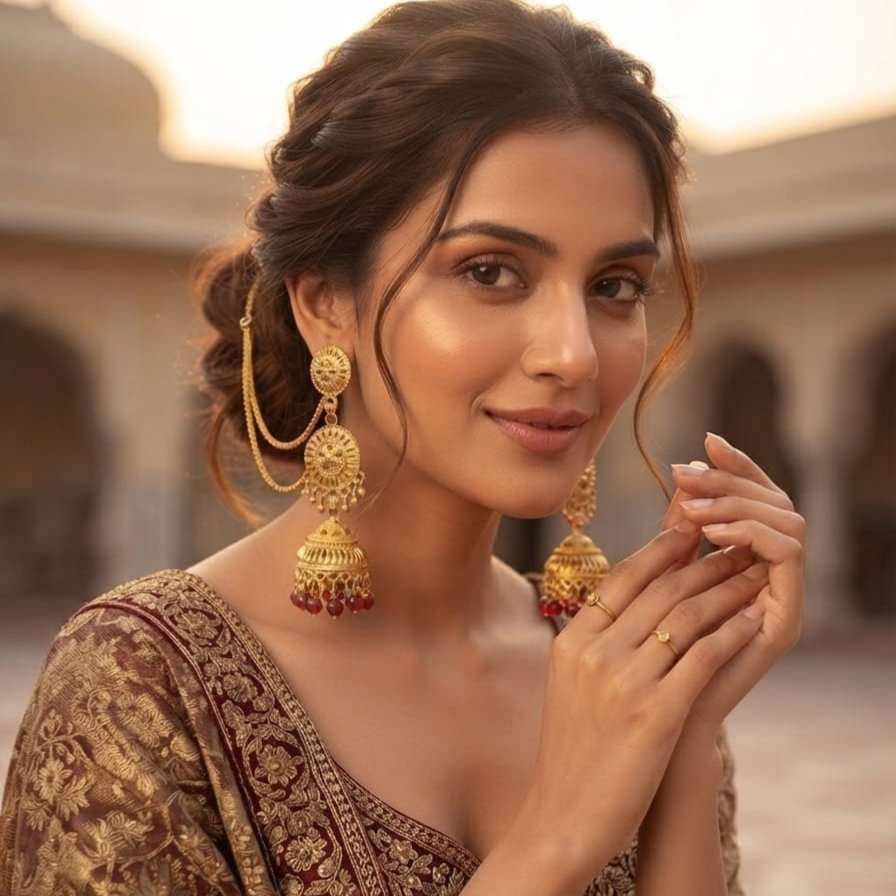 Royal Gold Plated Layered Jhumka Earrings - Traditional Pakistani Indian Bridal Earrings with Red Beads & Bahi Chain